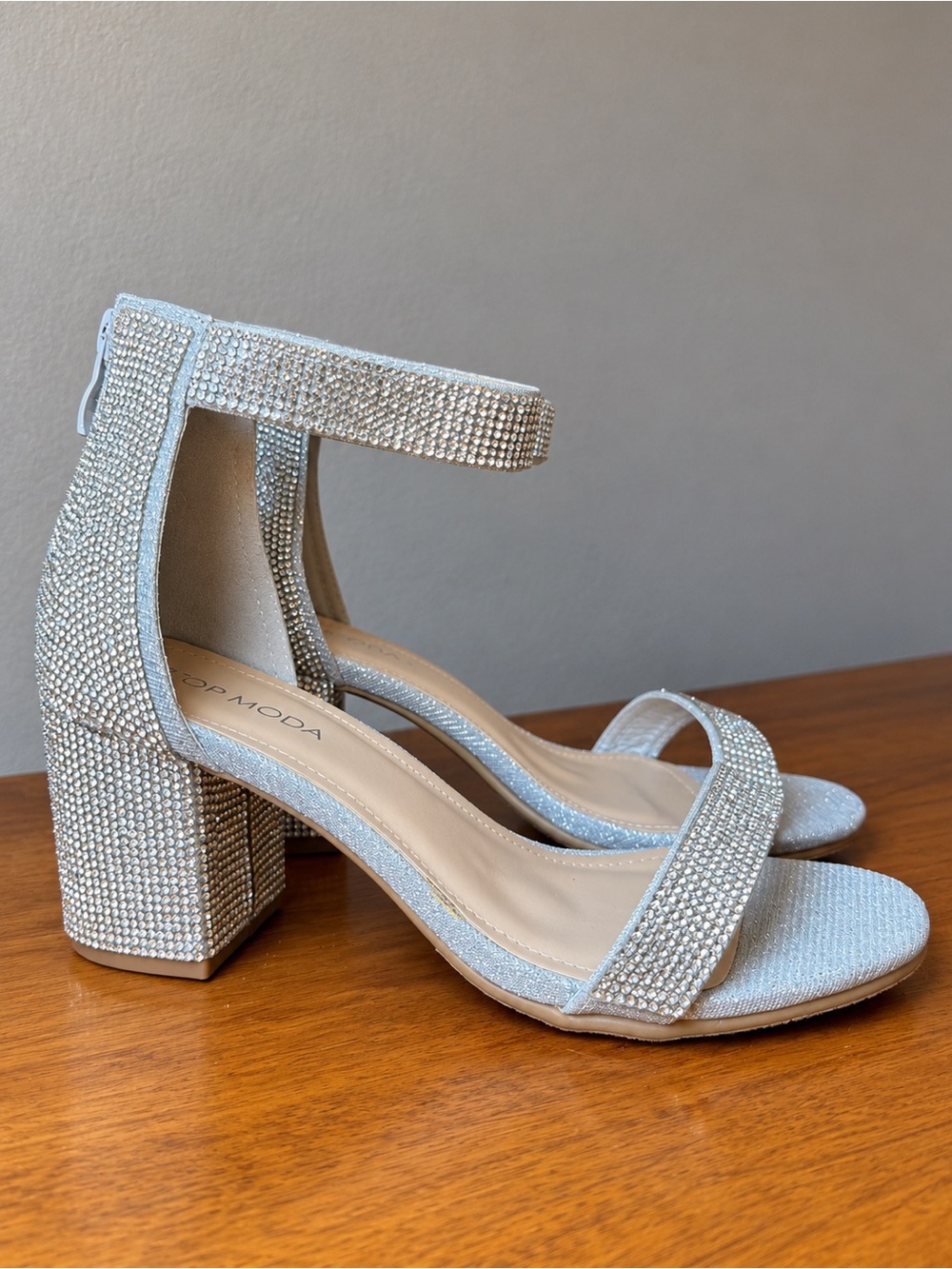 TOP MODA Silver Crystal Block Heel Sandals with Ankle Strap